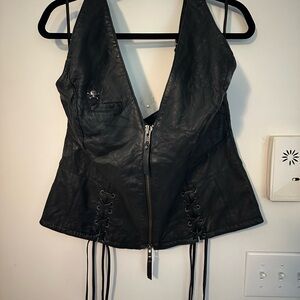 Harley Davidson Blk Leather Tank Top Adjustable straps womens $140 sz XL